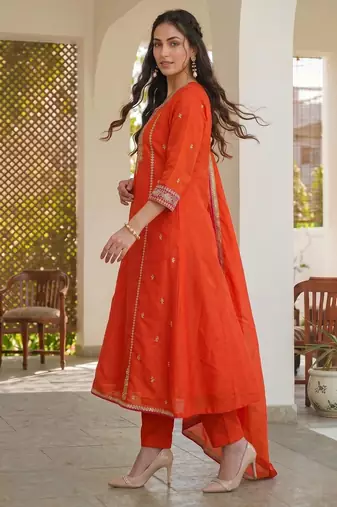 Orange embroidered lined silk a-line salwar suit set with cotton chanderi dupatta