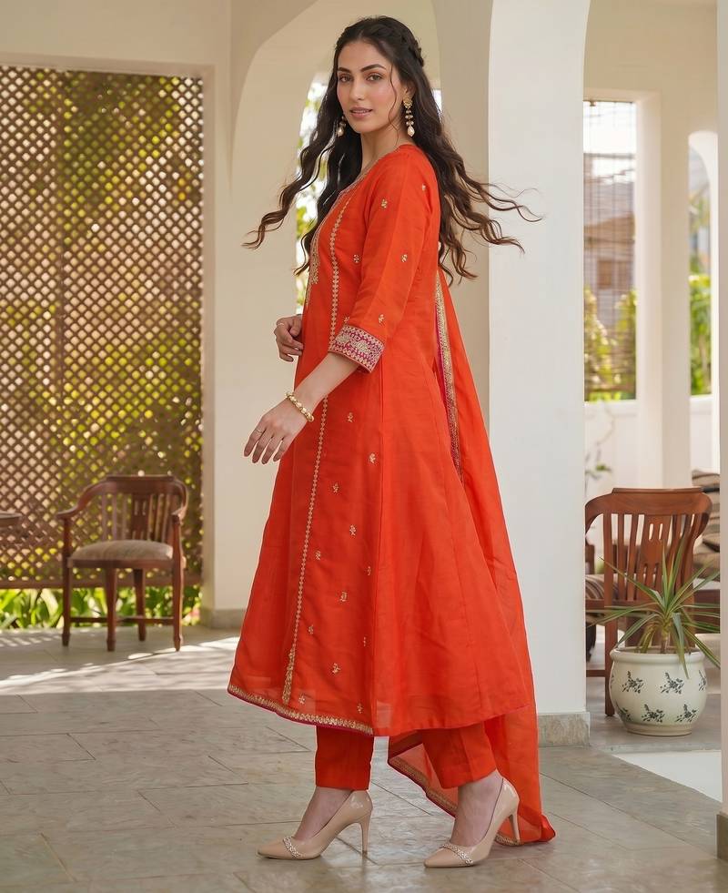 Orange embroidered lined silk a-line salwar suit set with cotton chanderi dupatta