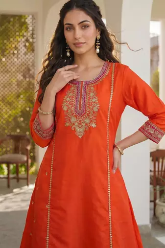 Orange embroidered lined silk a-line salwar suit set with cotton chanderi dupatta