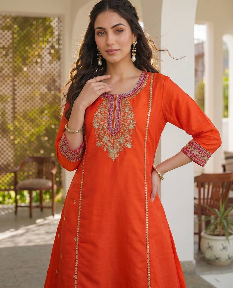 Orange embroidered lined silk a-line salwar suit set with cotton chanderi dupatta