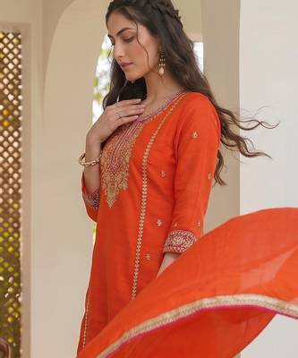 Orange embroidered lined silk a-line salwar suit set with cotton chanderi dupatta 5