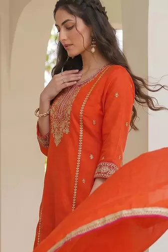 Orange embroidered lined silk a-line salwar suit set with cotton chanderi dupatta