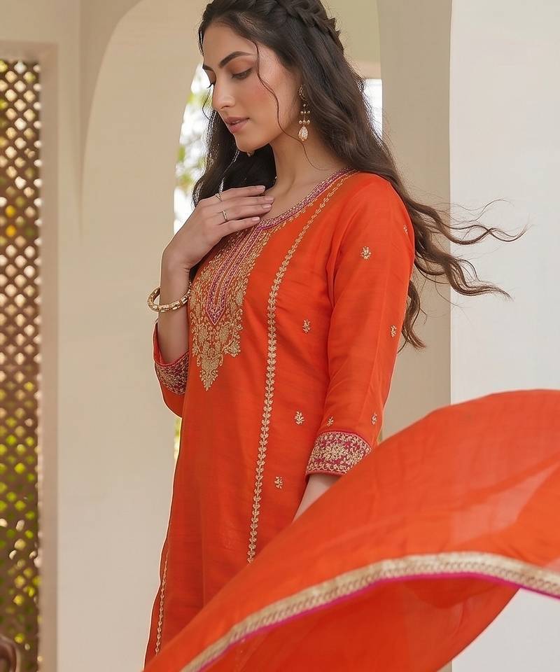 Orange embroidered lined silk a-line salwar suit set with cotton chanderi dupatta
