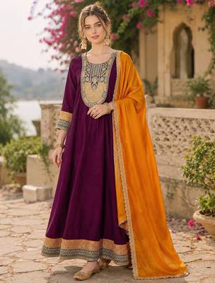 Wine embroidered vichitra silk flared salwar suit set with dupatta 1