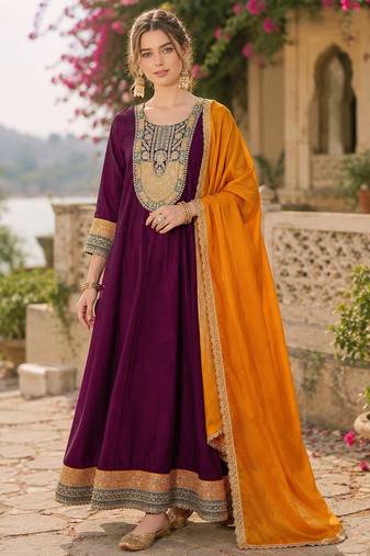 Wine embroidered vichitra silk flared salwar suit set with dupatta