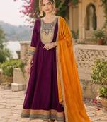 Wine embroidered vichitra silk flared salwar suit set with dupatta