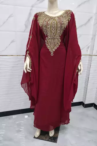 Luxury Burgundy Moroccan Kaftan Dress with Heavy Gold Embroidery & Elegant Farasha Sleeves