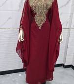 Luxury Burgundy Moroccan Kaftan Dress with Heavy Gold Embroidery & Elegant Farasha Sleeves