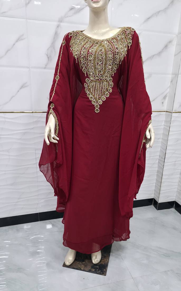 Luxury Burgundy Moroccan Kaftan Dress with Heavy Gold Embroidery & Elegant Farasha Sleeves