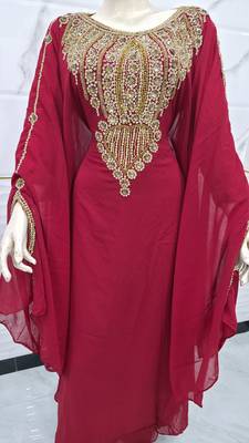 Luxury Burgundy Moroccan Kaftan Dress with Heavy Gold Embroidery & Elegant Farasha Sleeves 2