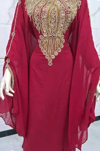 Luxury Burgundy Moroccan Kaftan Dress with Heavy Gold Embroidery & Elegant Farasha Sleeves