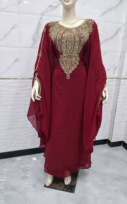 Luxury Burgundy Moroccan Kaftan Dress with Heavy Gold Embroidery & Elegant Farasha Sleeves 3