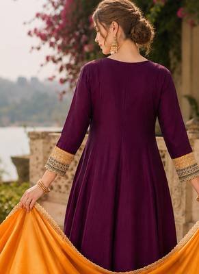 Wine embroidered vichitra silk flared salwar suit set with dupatta 2
