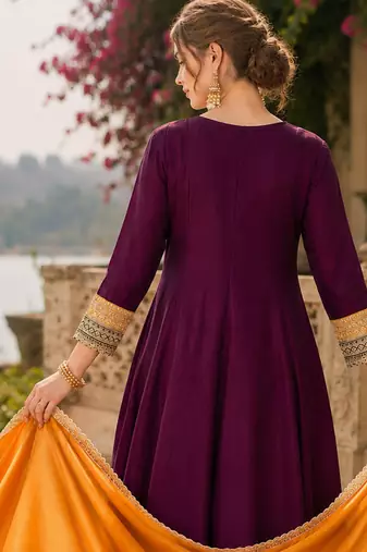 Wine embroidered vichitra silk flared salwar suit set with dupatta