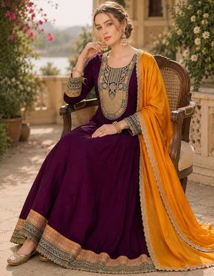 Wine embroidered vichitra silk flared salwar suit set with dupatta 3
