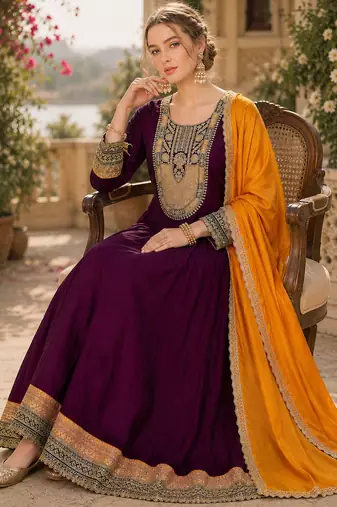 Wine embroidered vichitra silk flared salwar suit set with dupatta