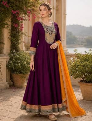 Wine embroidered vichitra silk flared salwar suit set with dupatta 4