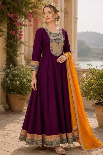 Wine embroidered vichitra silk flared salwar suit set with dupatta