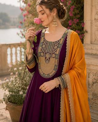 Wine embroidered vichitra silk flared salwar suit set with dupatta 5