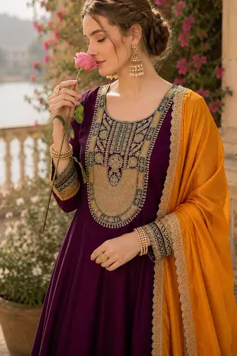 Wine embroidered vichitra silk flared salwar suit set with dupatta