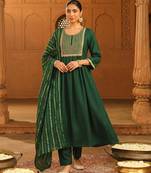 Bottle green embroidered viscose silk flared salwar suit set with dupatta