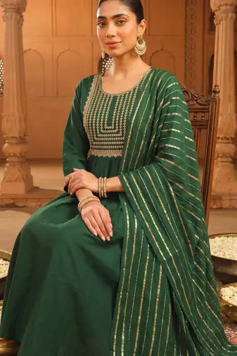Bottle green embroidered viscose silk flared salwar suit set with dupatta