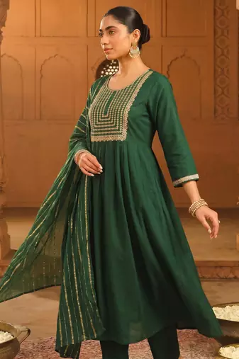 Bottle green embroidered viscose silk flared salwar suit set with dupatta