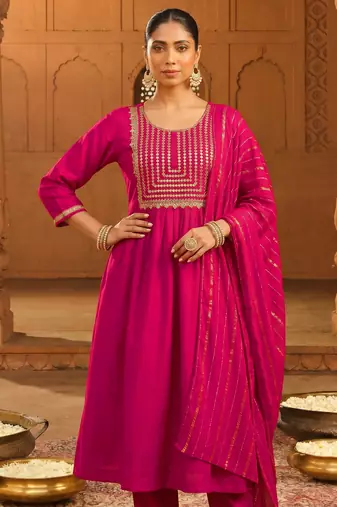 Rani embroidered viscose silk flared salwar suit set with dupatta