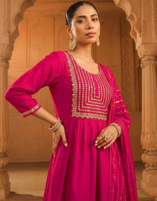 Rani embroidered viscose silk flared salwar suit set with dupatta 4