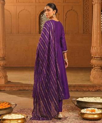 Violet embroidered viscose silk flared salwar suit set with dupatta 2