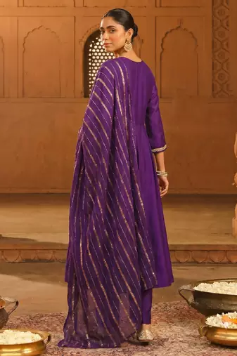 Violet embroidered viscose silk flared salwar suit set with dupatta