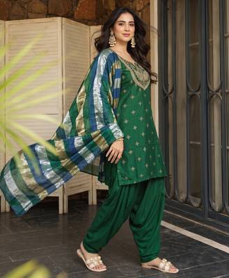 Bottle green printed & embroidered viscose silk patiala salwar suit set with dupatta 2