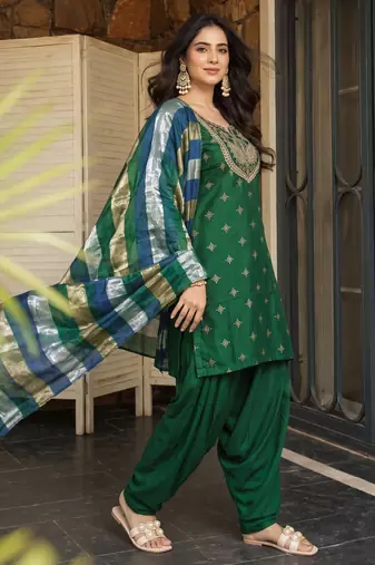 Bottle green printed & embroidered viscose silk patiala salwar suit set with dupatta