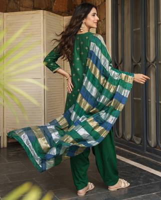 Bottle green printed & embroidered viscose silk patiala salwar suit set with dupatta 3