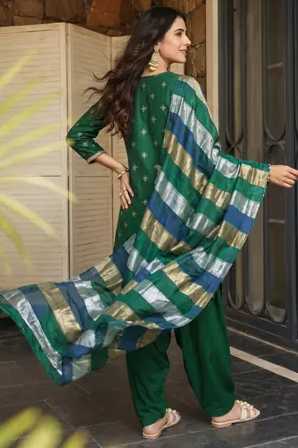 Bottle green printed & embroidered viscose silk patiala salwar suit set with dupatta