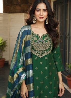 Bottle green printed & embroidered viscose silk patiala salwar suit set with dupatta 4