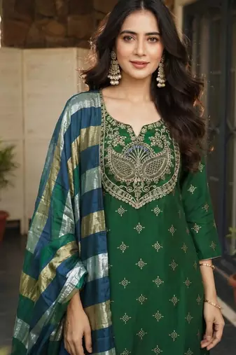Bottle green printed & embroidered viscose silk patiala salwar suit set with dupatta