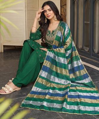 Bottle green printed & embroidered viscose silk patiala salwar suit set with dupatta 5
