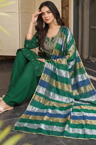 Bottle green printed & embroidered viscose silk patiala salwar suit set with dupatta