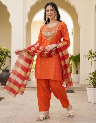 Orange printed & embroidered viscose silk patiala salwar suit set with dupatta 1
