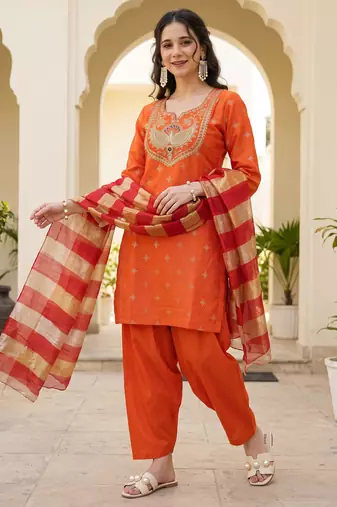 Orange printed & embroidered viscose silk patiala salwar suit set with dupatta