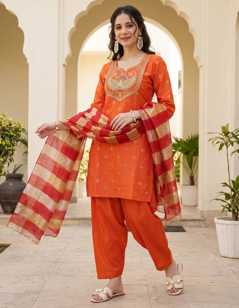 Orange printed & embroidered viscose silk patiala salwar suit set with dupatta