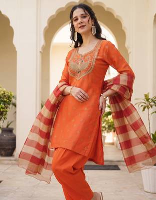 Orange printed & embroidered viscose silk patiala salwar suit set with dupatta 2