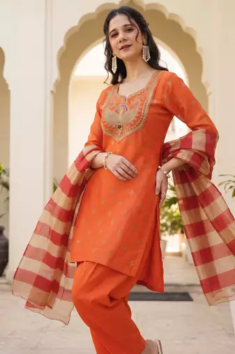 Orange printed & embroidered viscose silk patiala salwar suit set with dupatta