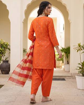 Orange printed & embroidered viscose silk patiala salwar suit set with dupatta 3