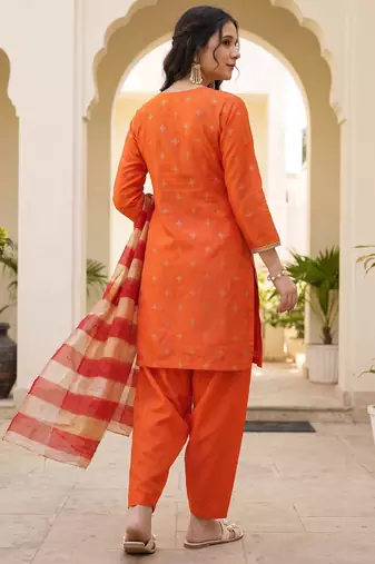 Orange printed & embroidered viscose silk patiala salwar suit set with dupatta