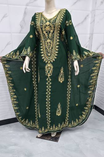 Royal Emerald Green Moroccan Kaftan Dress with Heavy Gold Embroidery & Elegant