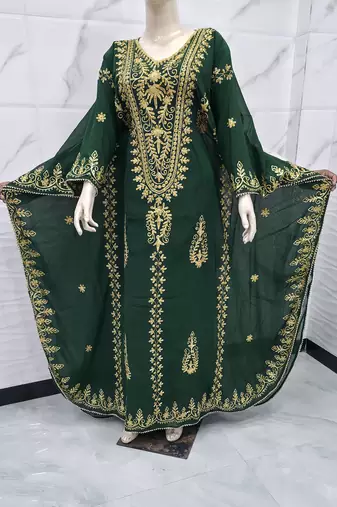 Royal Emerald Green Moroccan Kaftan Dress with Heavy Gold Embroidery & Elegant