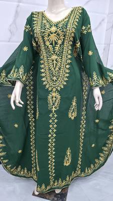 Royal Emerald Green Moroccan Kaftan Dress with Heavy Gold Embroidery & Elegant 2