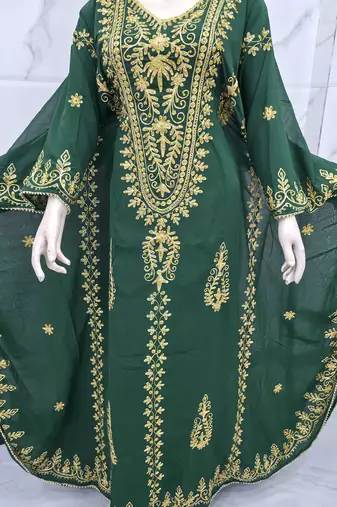 Royal Emerald Green Moroccan Kaftan Dress with Heavy Gold Embroidery & Elegant